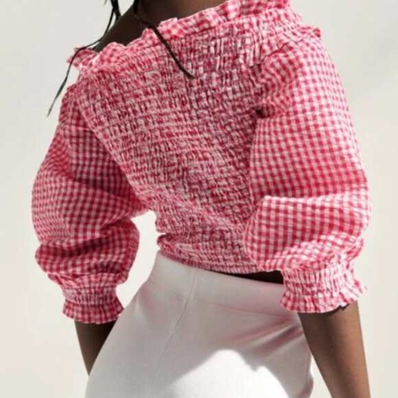 Zara Red & White Stretchy Gingham Top Size L NWT - Picture 2 of 7